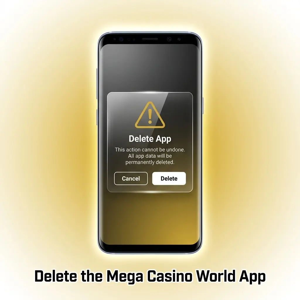 Steps to delete Mega Casino World app from Android or iOS home screen by pressing, holding, and confirming removal.