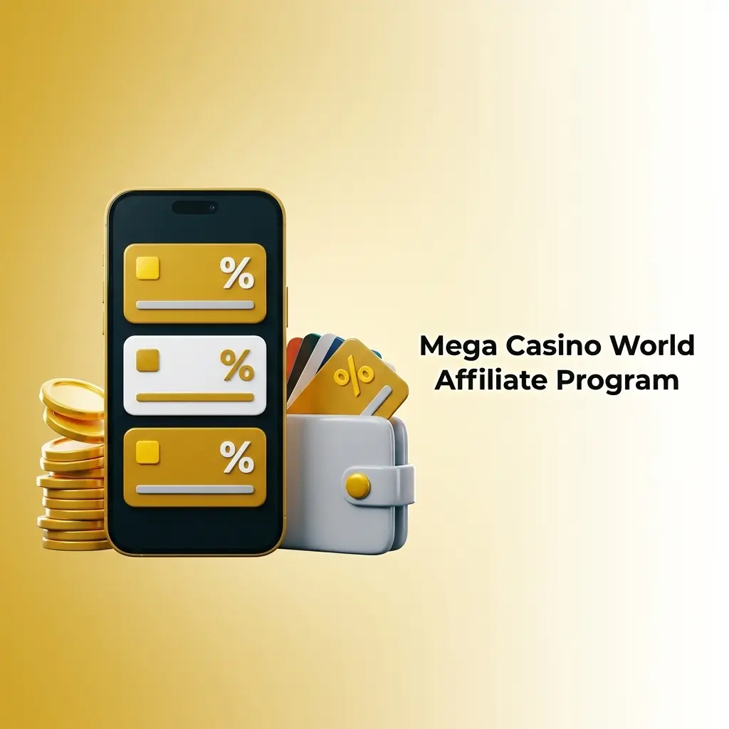 Mega Casino World Affiliate Program dashboard showing up to 40% monthly revenue share on referred player gaming revenue