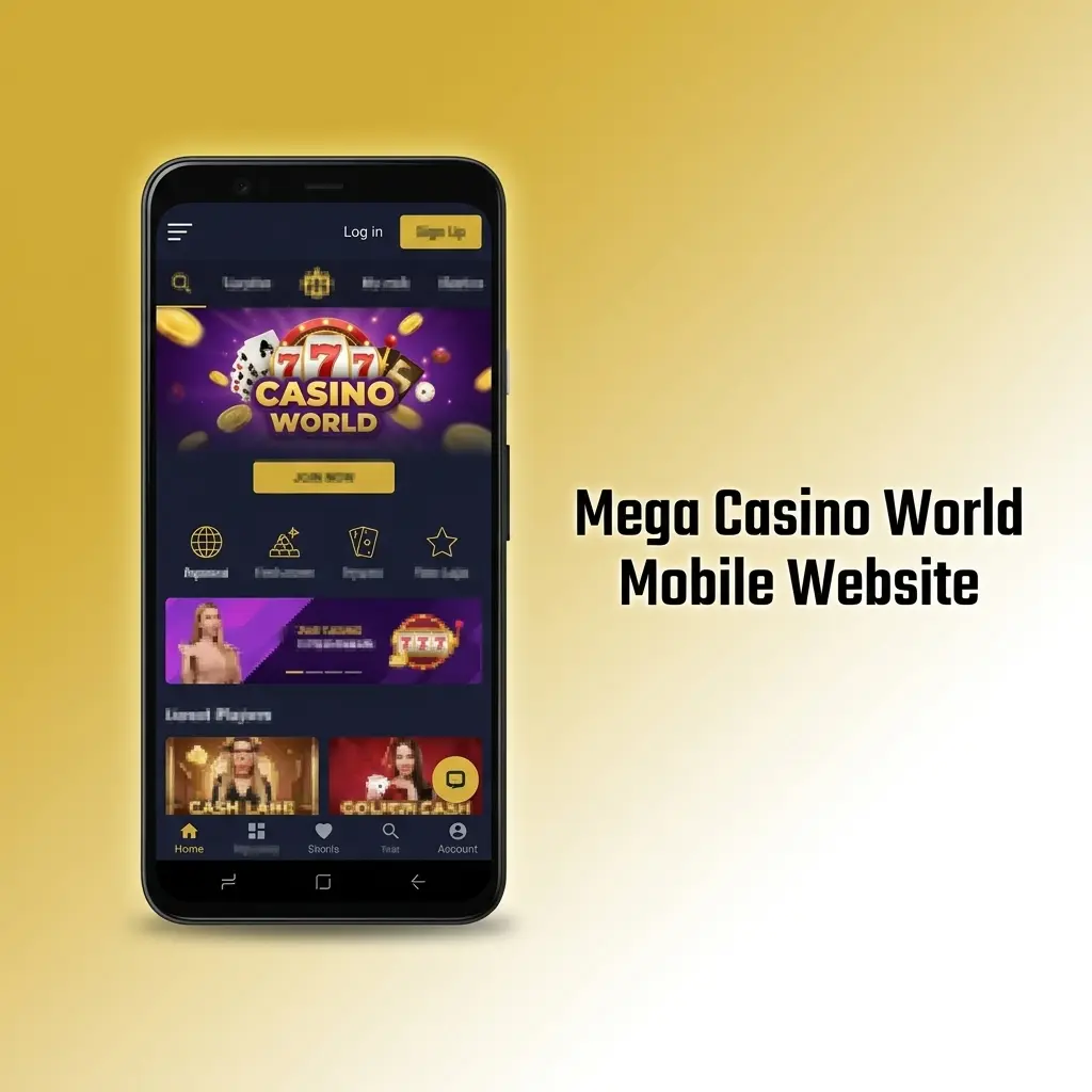 Mega Casino World mobile website homepage showing sportsbook, casino, and live casino sections with fixed bet slip and deposit button.