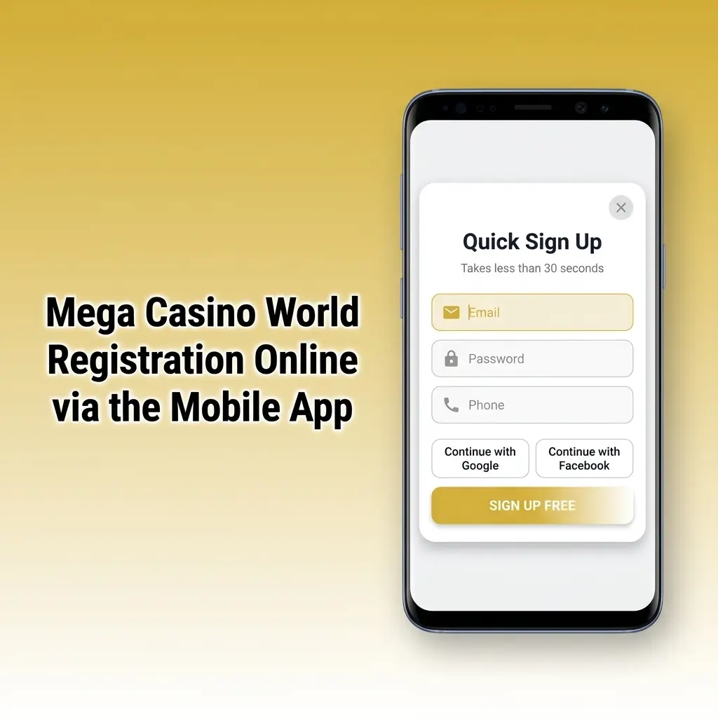 Mega Casino World mobile app registration steps showing sign up form, OTP verification, and BDT welcome bonus claim