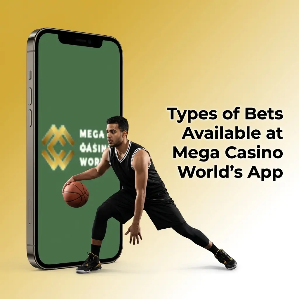 Overview of bet types on Mega Casino World's app: single, accumulator, treble, system, and live betting options.