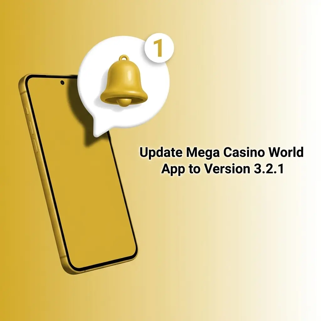 Mega Casino World app update banner showing version 3.2.1 download prompt on Android home screen