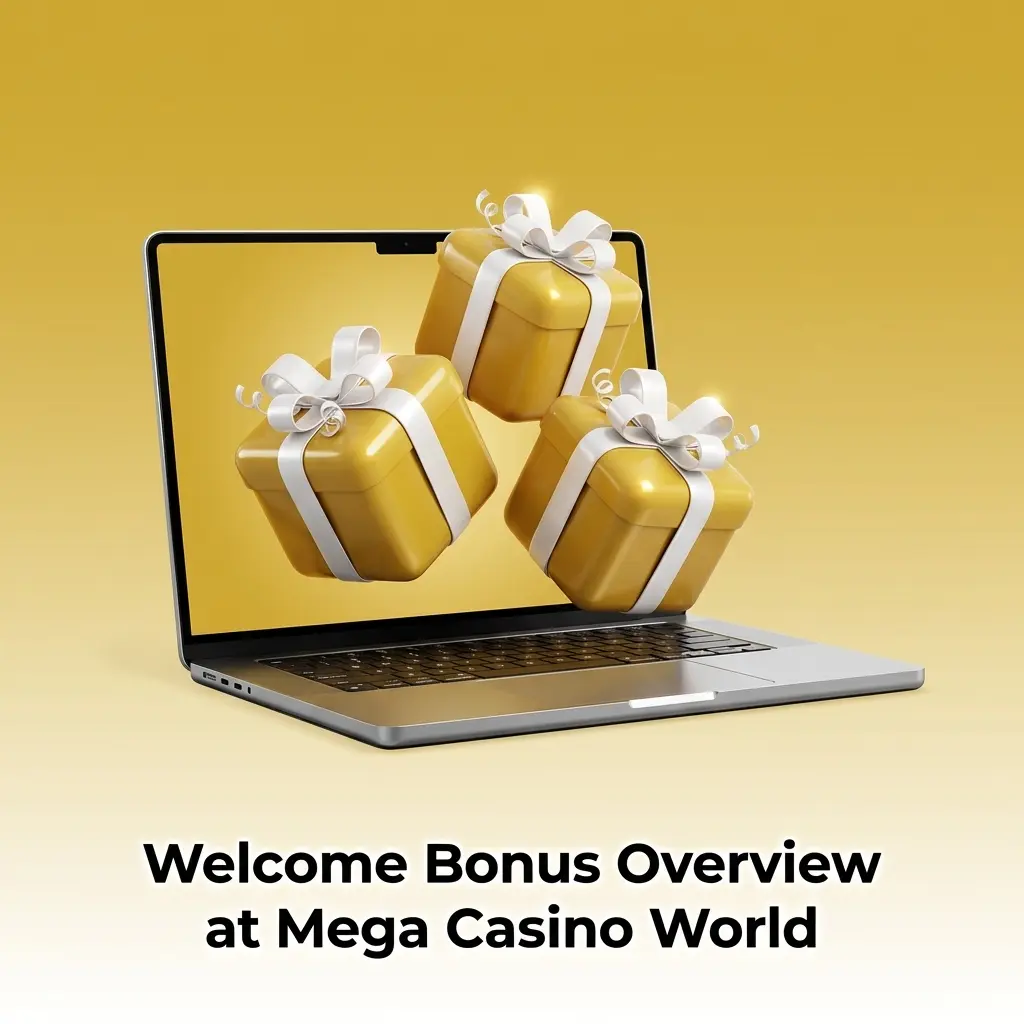 Mega Casino World welcome bonus table showing three-tier first deposit bonus percentages, caps, and minimum deposit amounts.